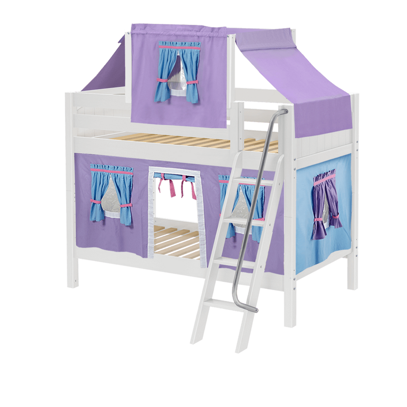 Maxtrix Twin Low Bunk Bed with Angled Ladder, Top Tent + Curtain