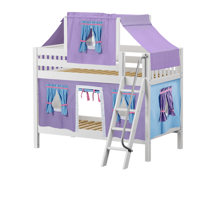 Maxtrix Twin Low Bunk Bed with Angled Ladder, Top Tent + Curtain