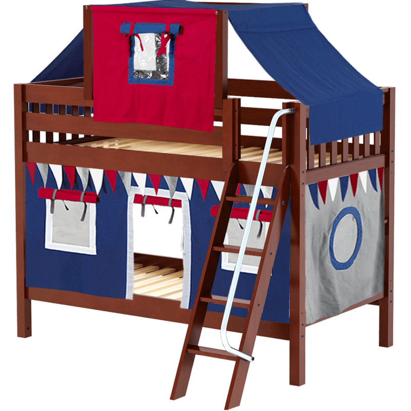 Maxtrix Twin Low Bunk Bed with Angled Ladder, Top Tent + Curtain