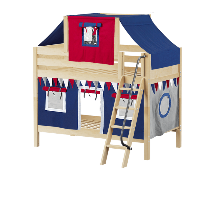 Maxtrix Twin Low Bunk Bed with Angled Ladder, Top Tent + Curtain