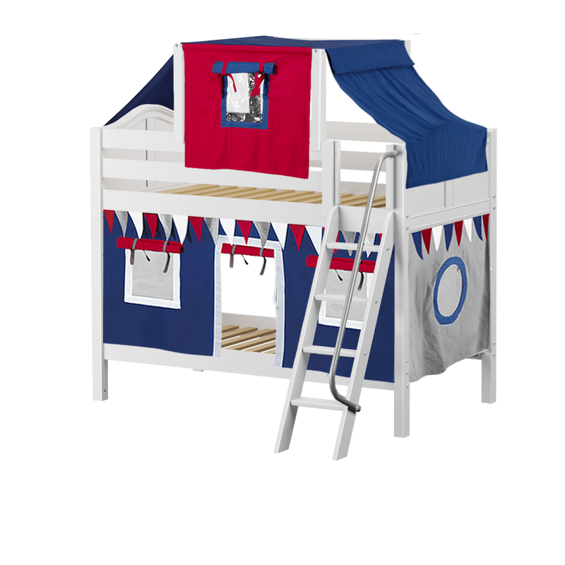 Maxtrix Twin Low Bunk Bed with Angled Ladder, Top Tent + Curtain
