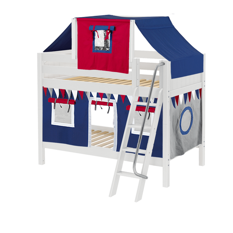 Maxtrix Twin Low Bunk Bed with Angled Ladder, Top Tent + Curtain