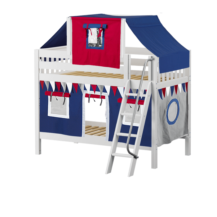 Maxtrix Twin Low Bunk Bed with Angled Ladder, Top Tent + Curtain