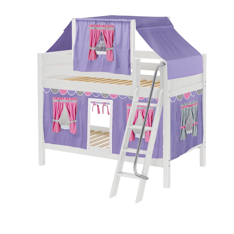 Maxtrix Twin Low Bunk Bed with Angled Ladder, Top Tent + Curtain