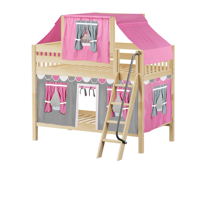 Maxtrix Twin Low Bunk Bed with Angled Ladder, Top Tent + Curtain