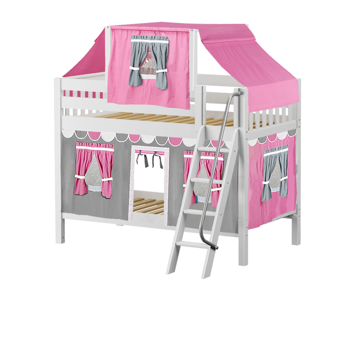 Maxtrix Twin Low Bunk Bed with Angled Ladder, Top Tent + Curtain
