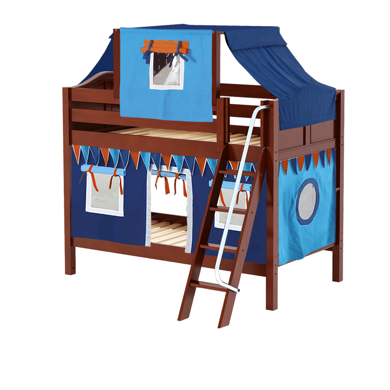 Maxtrix Twin Low Bunk Bed with Angled Ladder, Top Tent + Curtain