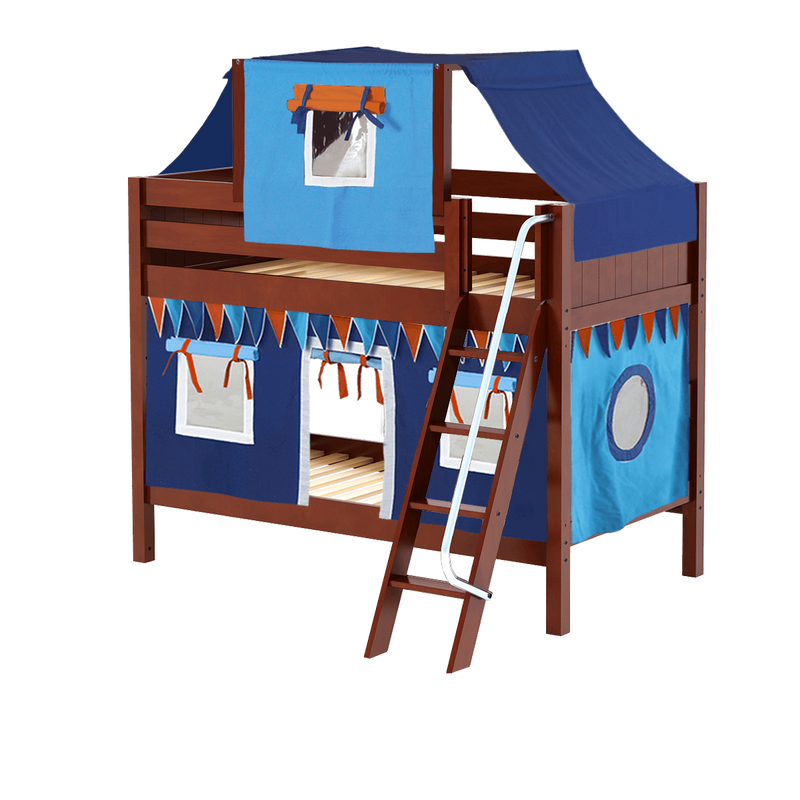 Maxtrix Twin Low Bunk Bed with Angled Ladder, Top Tent + Curtain