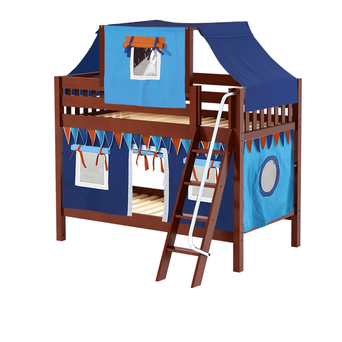Maxtrix Twin Low Bunk Bed with Angled Ladder, Top Tent + Curtain