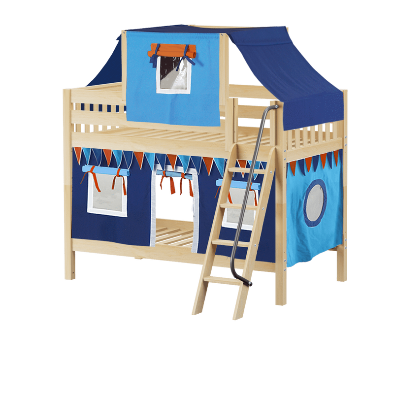Maxtrix Twin Low Bunk Bed with Angled Ladder, Top Tent + Curtain