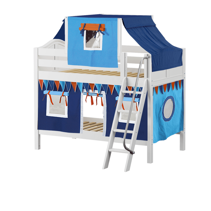 Maxtrix Twin Low Bunk Bed with Angled Ladder, Top Tent + Curtain