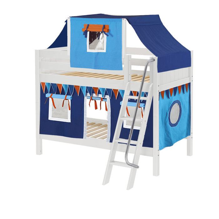 Maxtrix Twin Low Bunk Bed with Angled Ladder, Top Tent + Curtain