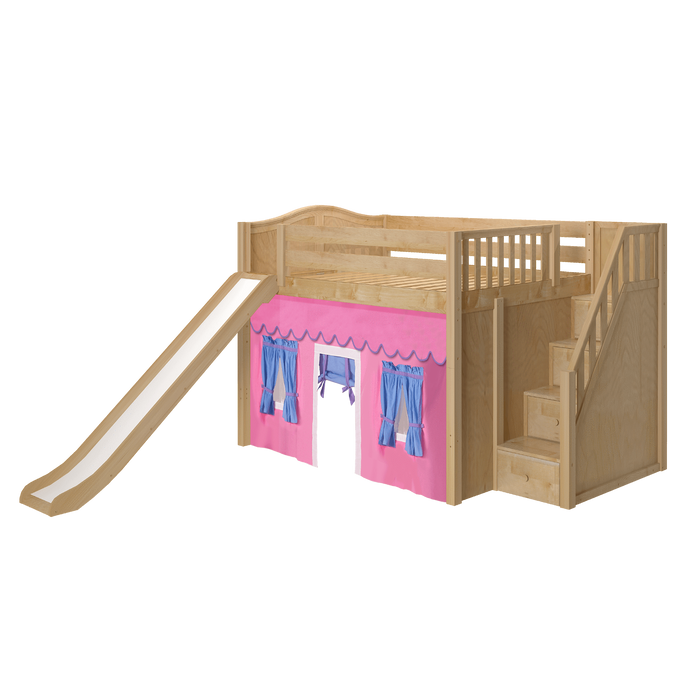 Maxtrix Full Mid Loft Bed with Stairs, Curtain + Slide