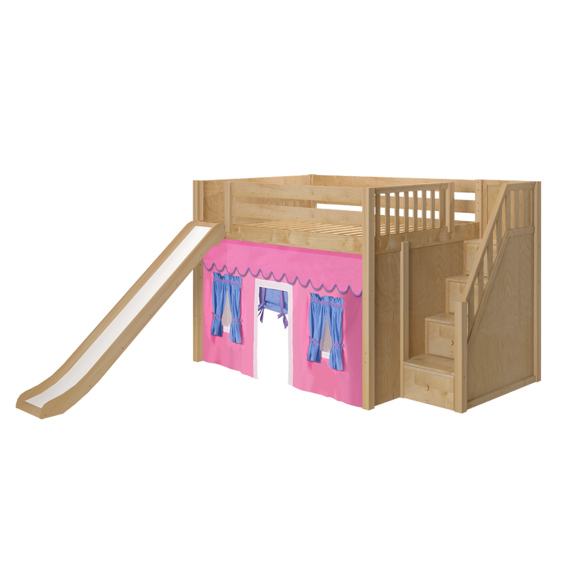 Maxtrix Full Mid Loft Bed with Stairs, Curtain + Slide