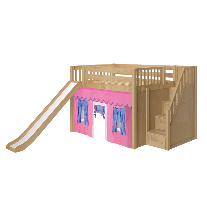 Maxtrix Full Mid Loft Bed with Stairs, Curtain + Slide