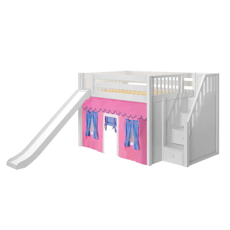 Maxtrix Full Mid Loft Bed with Stairs, Curtain + Slide
