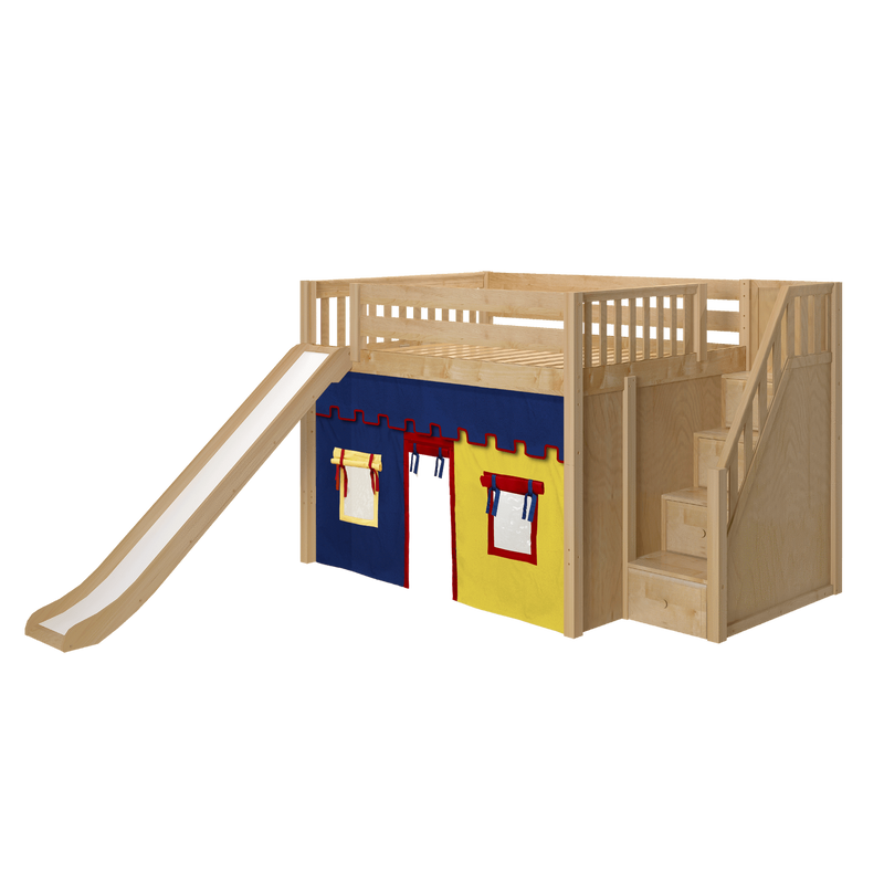 Maxtrix Full Mid Loft Bed with Stairs, Curtain + Slide