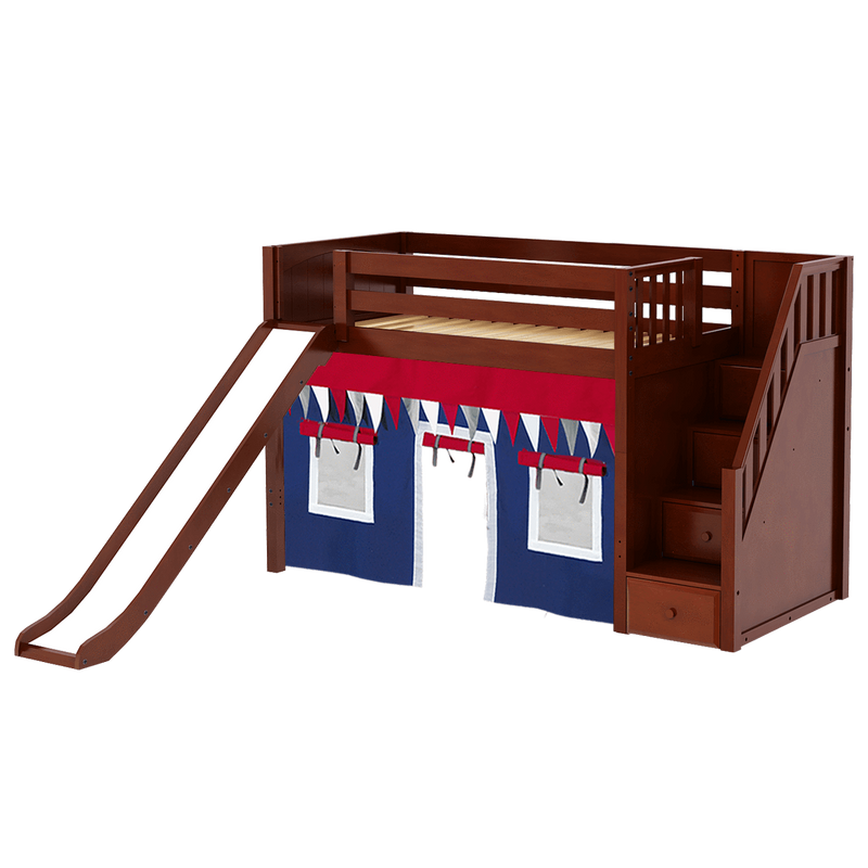 Maxtrix Twin Mid Loft Bed with Stairs, Curtain + Slide