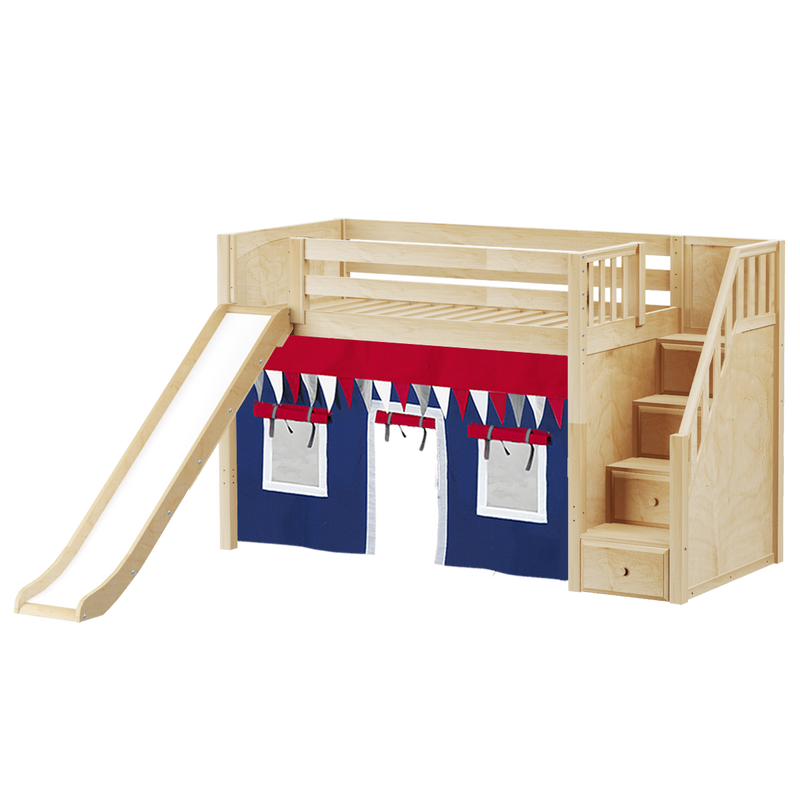 Maxtrix Twin Mid Loft Bed with Stairs, Curtain + Slide