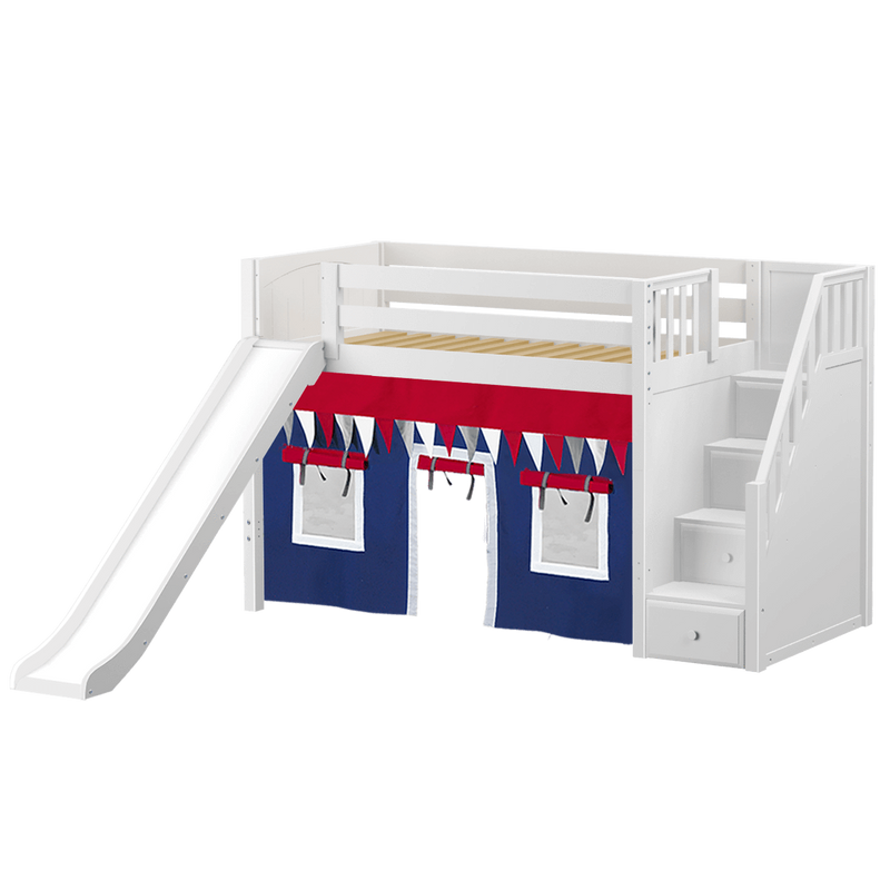 Maxtrix Twin Mid Loft Bed with Stairs, Curtain + Slide