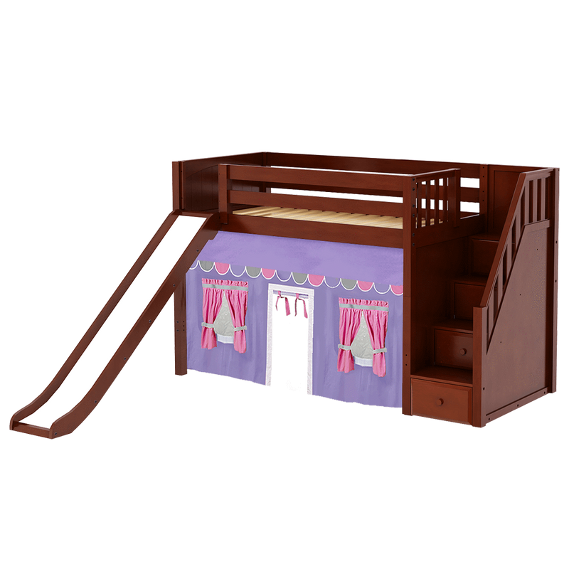 Maxtrix Twin Mid Loft Bed with Stairs, Curtain + Slide