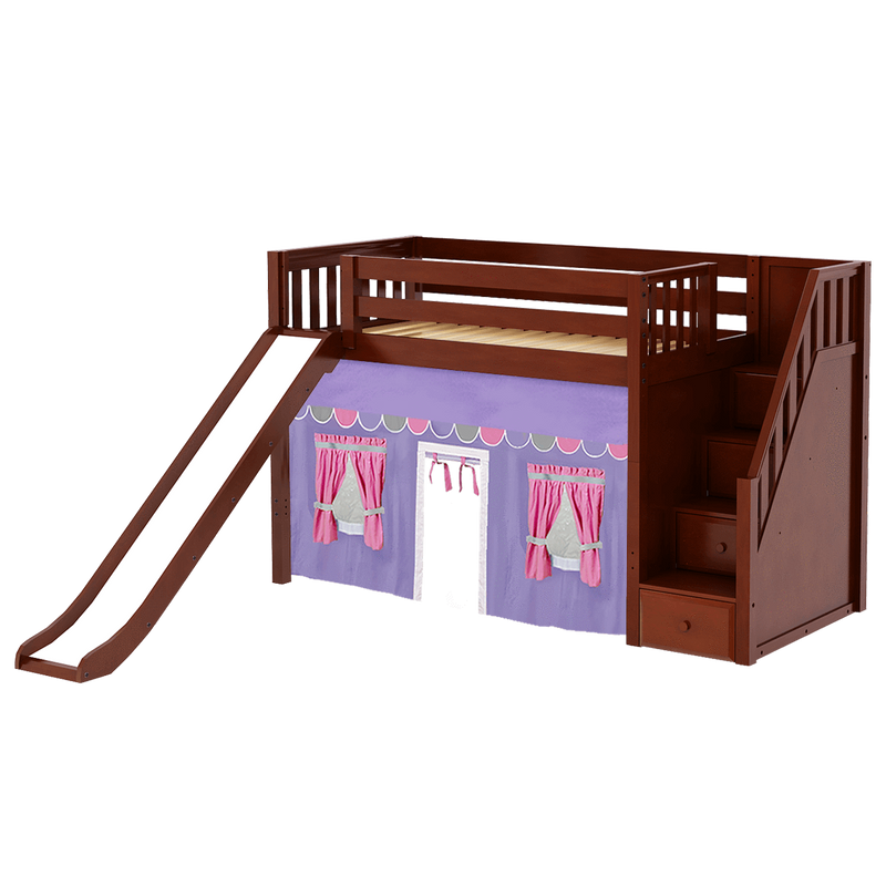 Maxtrix Twin Mid Loft Bed with Stairs, Curtain + Slide