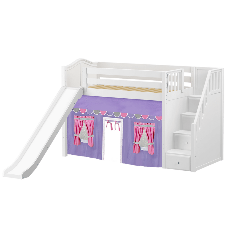 Maxtrix Twin Mid Loft Bed with Stairs, Curtain + Slide