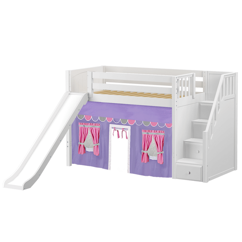 Maxtrix Twin Mid Loft Bed with Stairs, Curtain + Slide