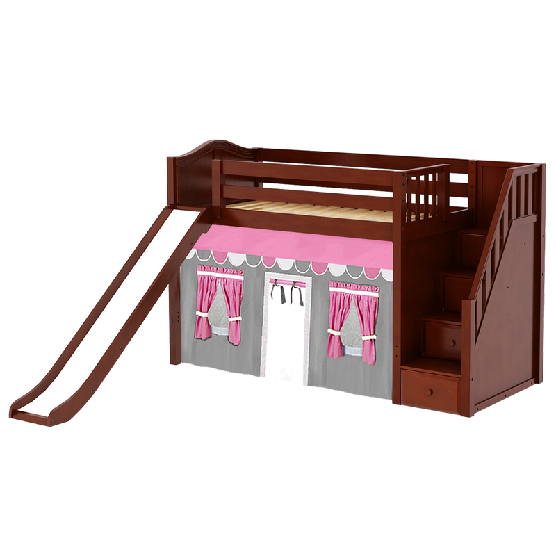 Maxtrix Twin Mid Loft Bed with Stairs, Curtain + Slide