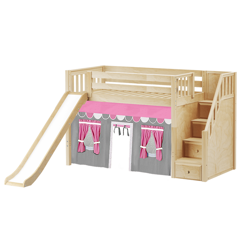 Maxtrix Twin Mid Loft Bed with Stairs, Curtain + Slide