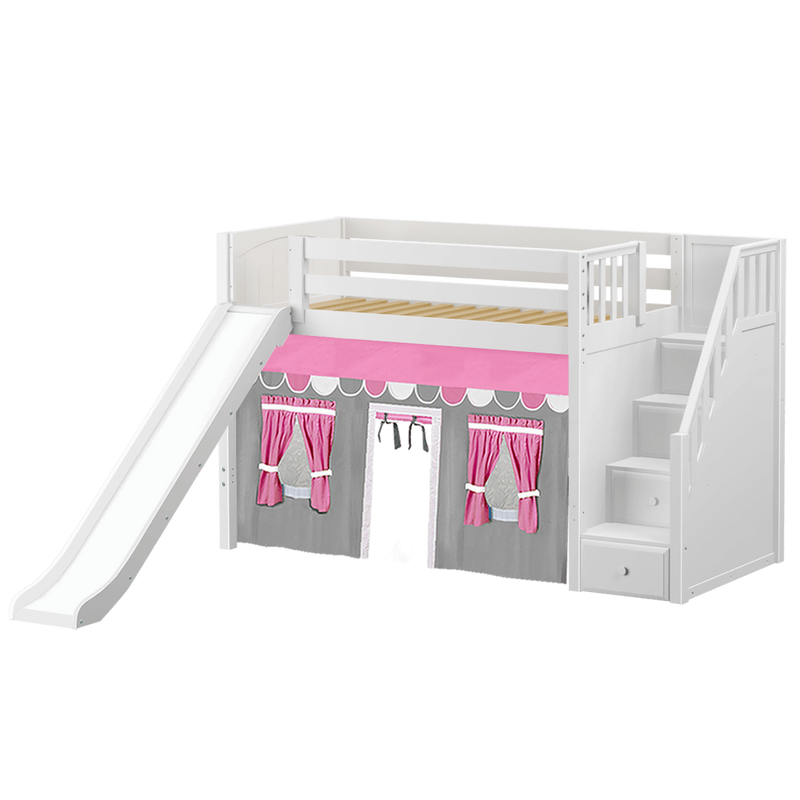 Maxtrix Twin Mid Loft Bed with Stairs, Curtain + Slide