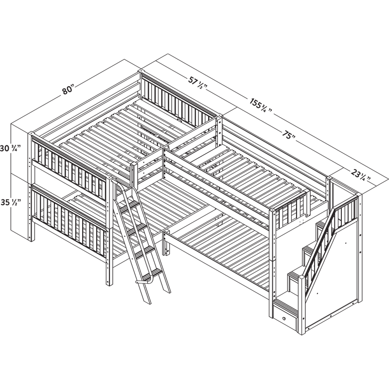 Maxtrix Full Medium Corner Bunk Bed with Ladder + Stairs - R