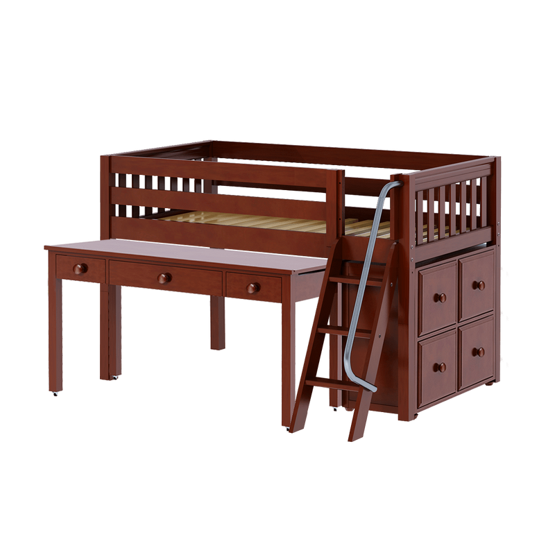Maxtrix Twin Low Loft Bed with Angled Ladder, Storage + Long Desk