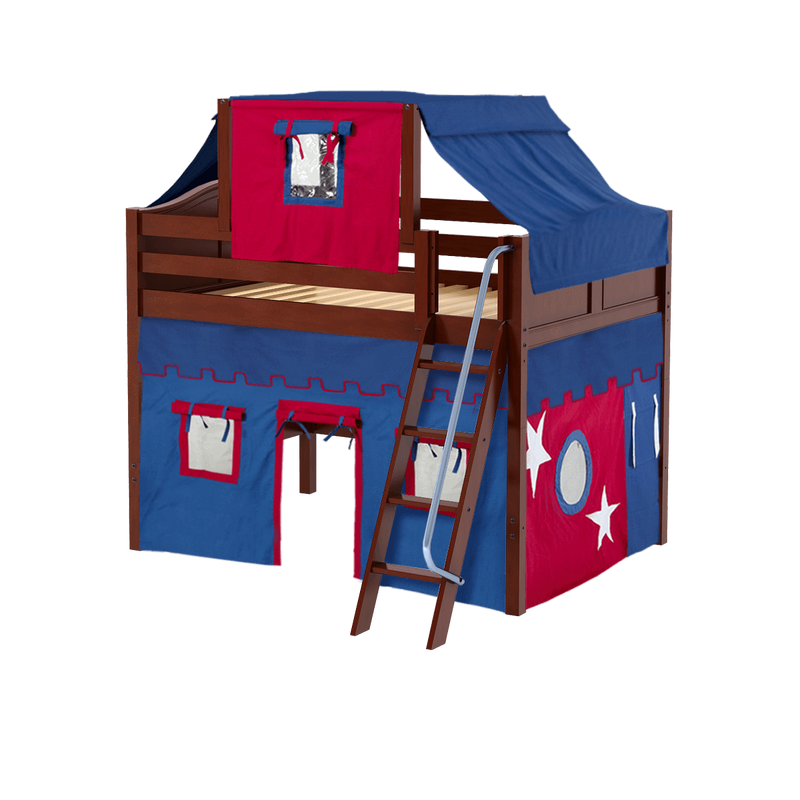 Maxtrix Full Mid Loft Bed with Angled Ladder, Curtain + Top Tent