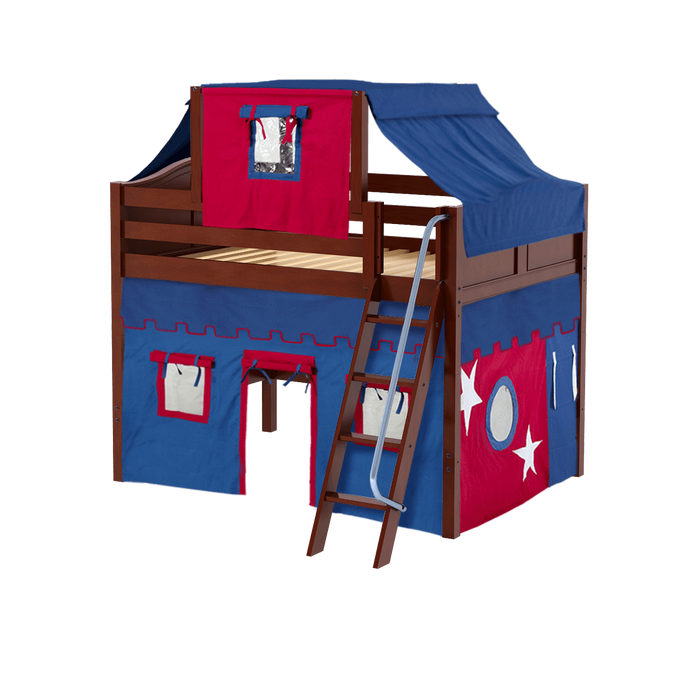 Maxtrix Full Mid Loft Bed with Angled Ladder, Curtain + Top Tent