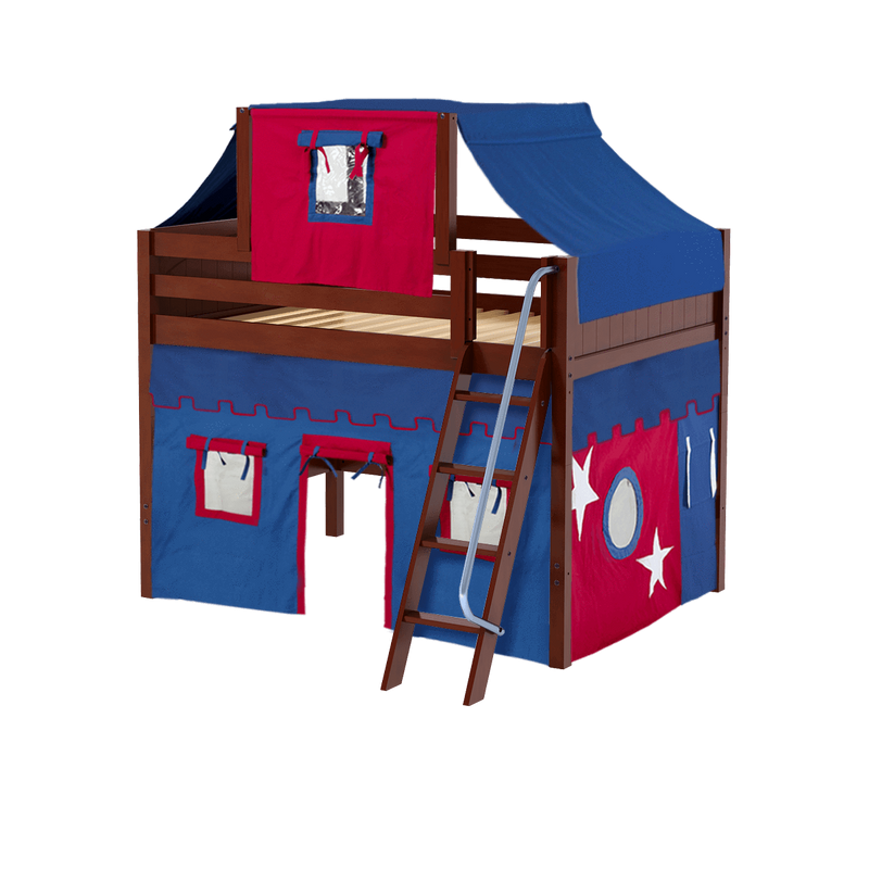 Maxtrix Full Mid Loft Bed with Angled Ladder, Curtain + Top Tent