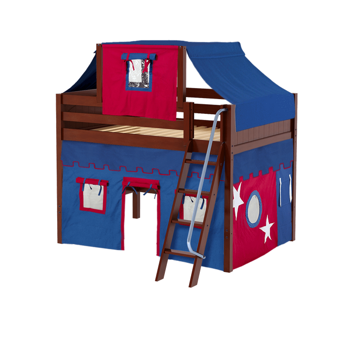 Maxtrix Full Mid Loft Bed with Angled Ladder, Curtain + Top Tent