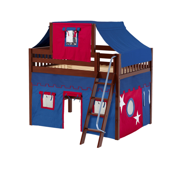Maxtrix Full Mid Loft Bed with Angled Ladder, Curtain + Top Tent