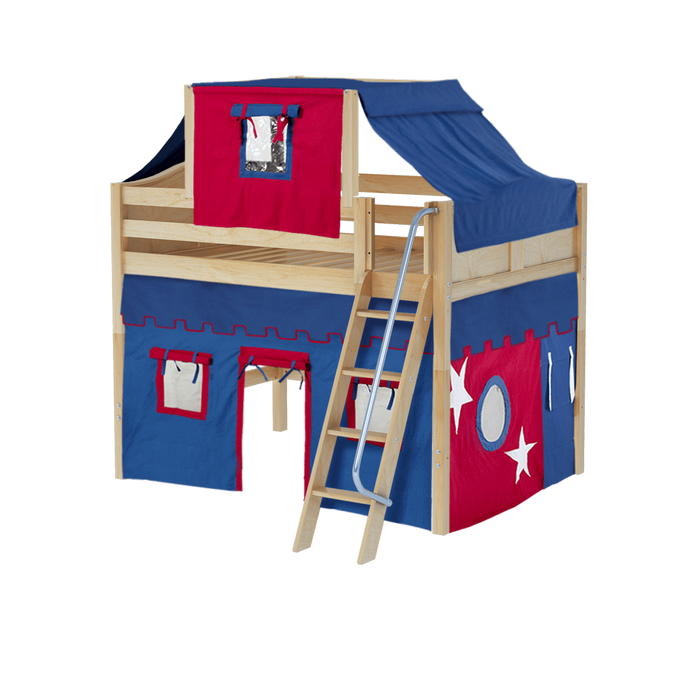 Maxtrix Full Mid Loft Bed with Angled Ladder, Curtain + Top Tent