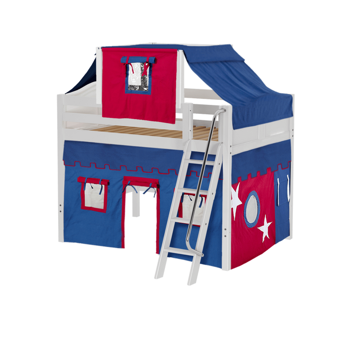 Maxtrix Full Mid Loft Bed with Angled Ladder, Curtain + Top Tent
