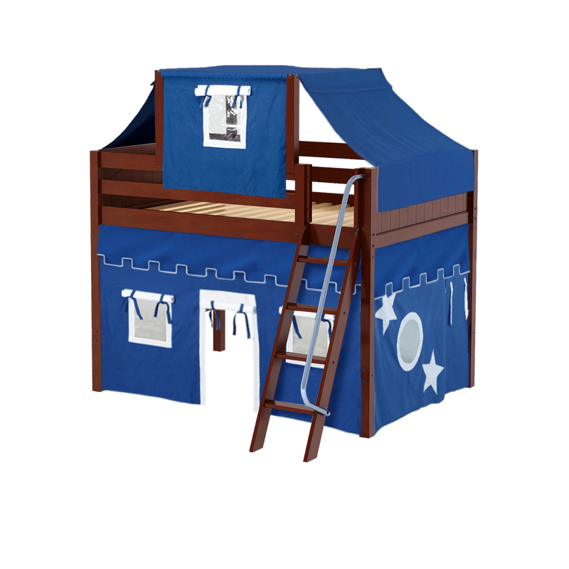 Maxtrix Full Mid Loft Bed with Angled Ladder, Curtain + Top Tent