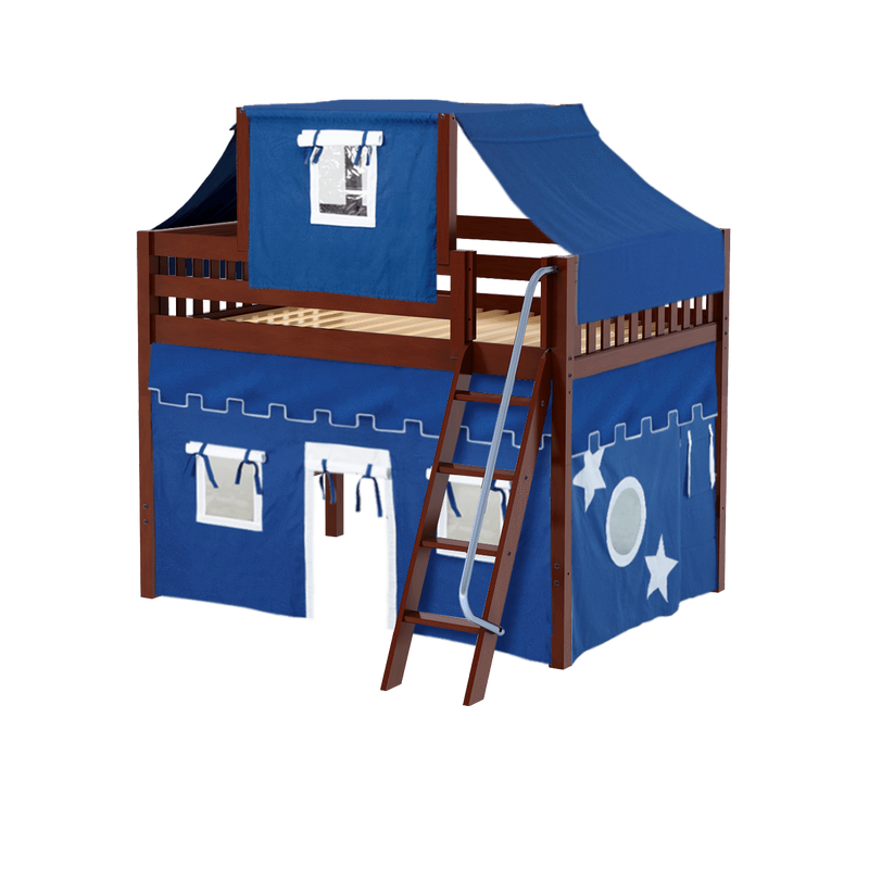 Maxtrix Full Mid Loft Bed with Angled Ladder, Curtain + Top Tent