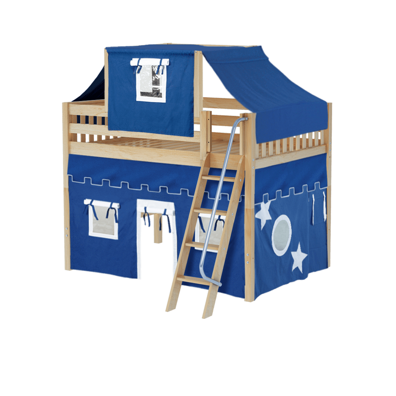 Maxtrix Full Mid Loft Bed with Angled Ladder, Curtain + Top Tent