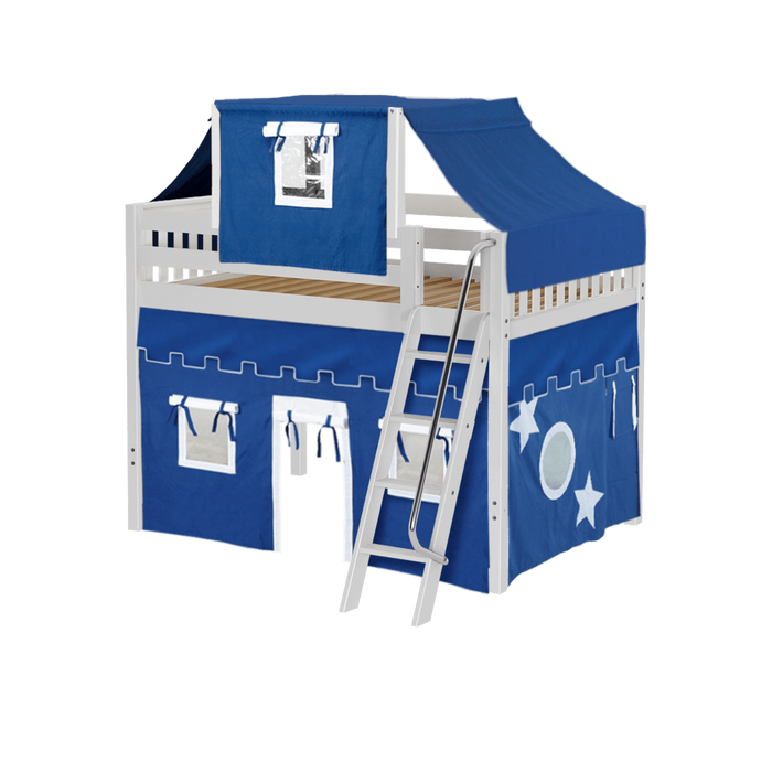 Maxtrix Full Mid Loft Bed with Angled Ladder, Curtain + Top Tent