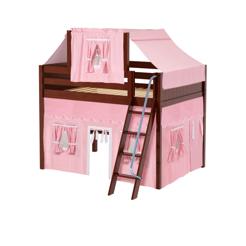 Maxtrix Full Mid Loft Bed with Angled Ladder, Curtain + Top Tent