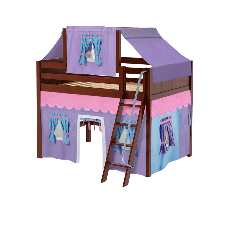 Maxtrix Full Mid Loft Bed with Angled Ladder, Curtain + Top Tent