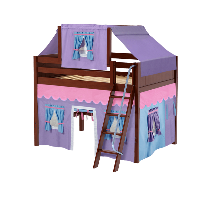 Maxtrix Full Mid Loft Bed with Angled Ladder, Curtain + Top Tent