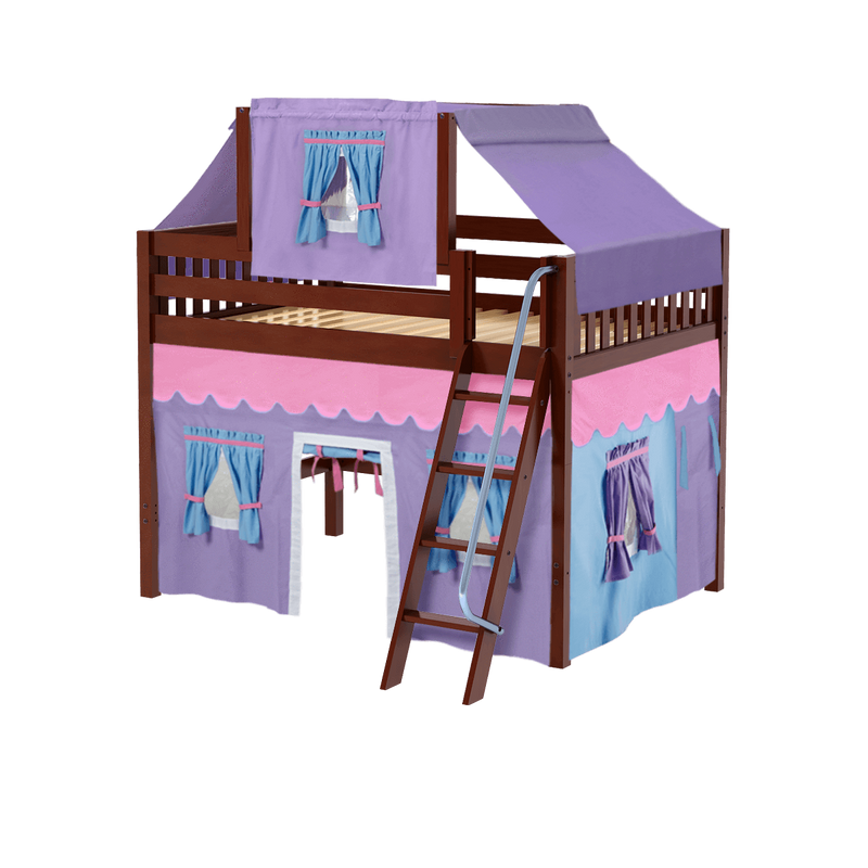 Maxtrix Full Mid Loft Bed with Angled Ladder, Curtain + Top Tent