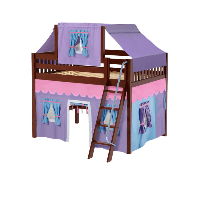 Maxtrix Full Mid Loft Bed with Angled Ladder, Curtain + Top Tent