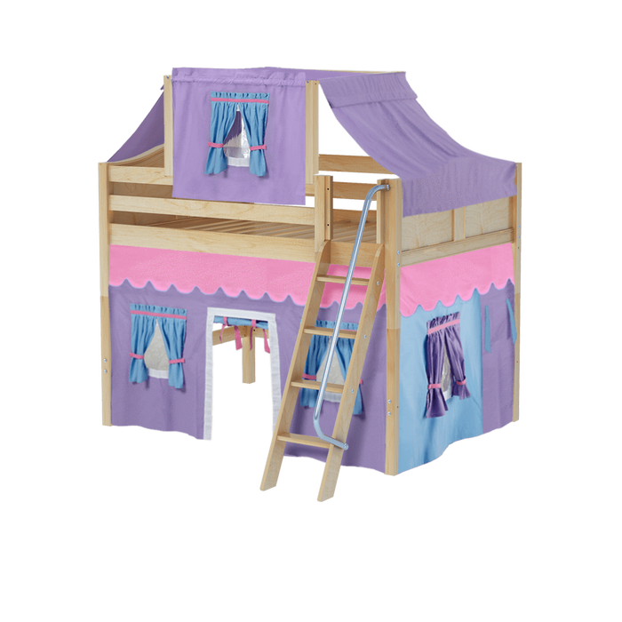 Maxtrix Full Mid Loft Bed with Angled Ladder, Curtain + Top Tent